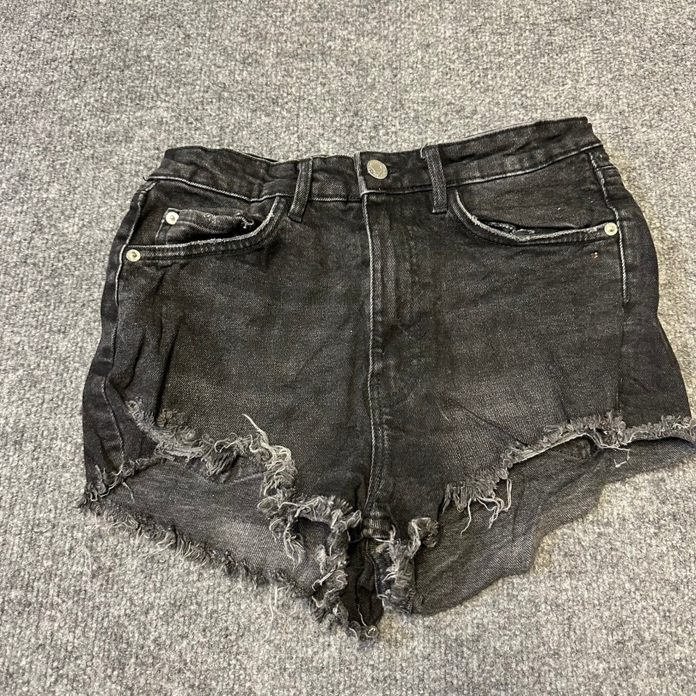 Zara Denim Shorts Womens Size 4 Black High Waisted Frayed Raw Hem Cutoff Casual